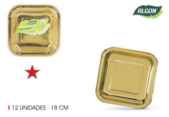 CJ.12 PRATOS QUAD.18CM DOURADO PAPEL